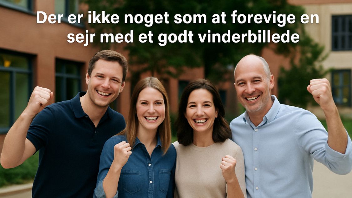 På billedet ser vi fire glade personer, der jubler og smiler direkte mod kameraet. De står tæt sammen og viser tydeligt tegn på fællesskab og sejr – med knyttede næver og store smil. Teksten foroven lyder: "Der er ikke noget som at forevige en sejr med et godt vinderbillede", hvilket understreger stemningen af succes og fælles præstation. Dette er et perfekt øjebliksbillede fra en afslutning på en City Adventure teambuilding-aktivitet.
